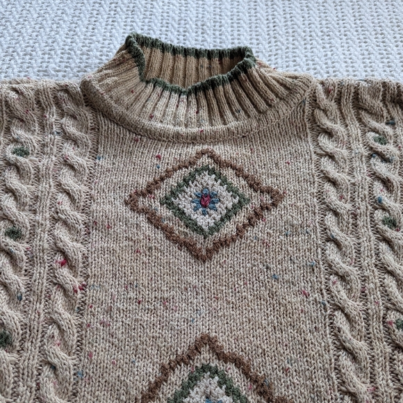 VTG Lizwear Women's SMALL Pullover Grandma Sweater Tan Geometric Ramie CottonT - Picture 3 of 8